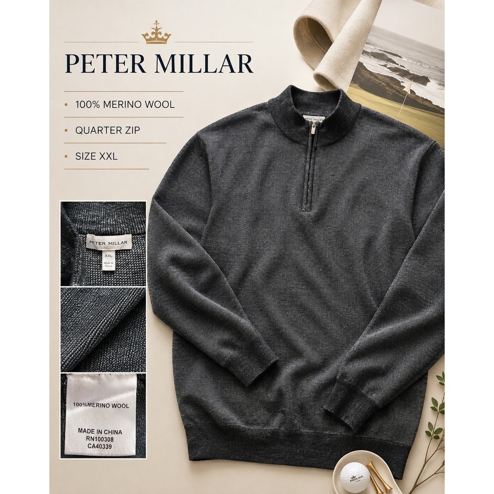 Peter Millar XXL 100% Merino Wool Quarter Zip Sweater Gray Luxury Golf